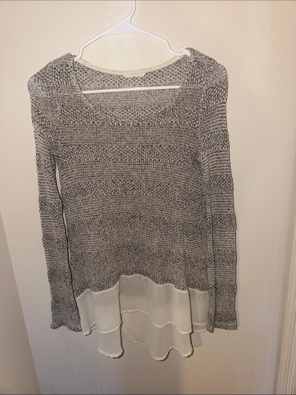 Lush Gray Knit Crewneck Sweater with Cream Chiffon Hem